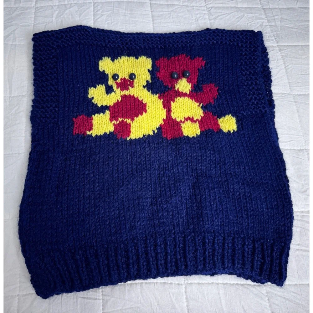 Handmade Knit Baby Vest Blue Two Teddy Bears Applique Buttons‎